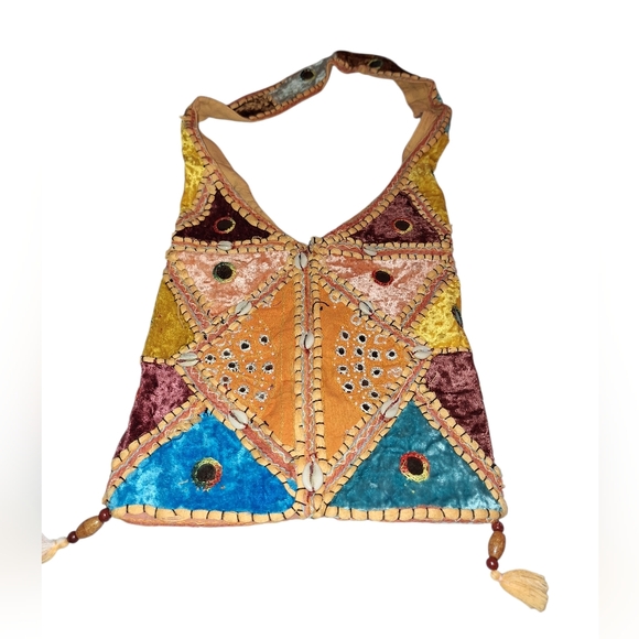 Velvet Purse Handbag Boho Carpet Bag Hippie With Shells 100% Cotton Boho Festive - Picture 2 of 5